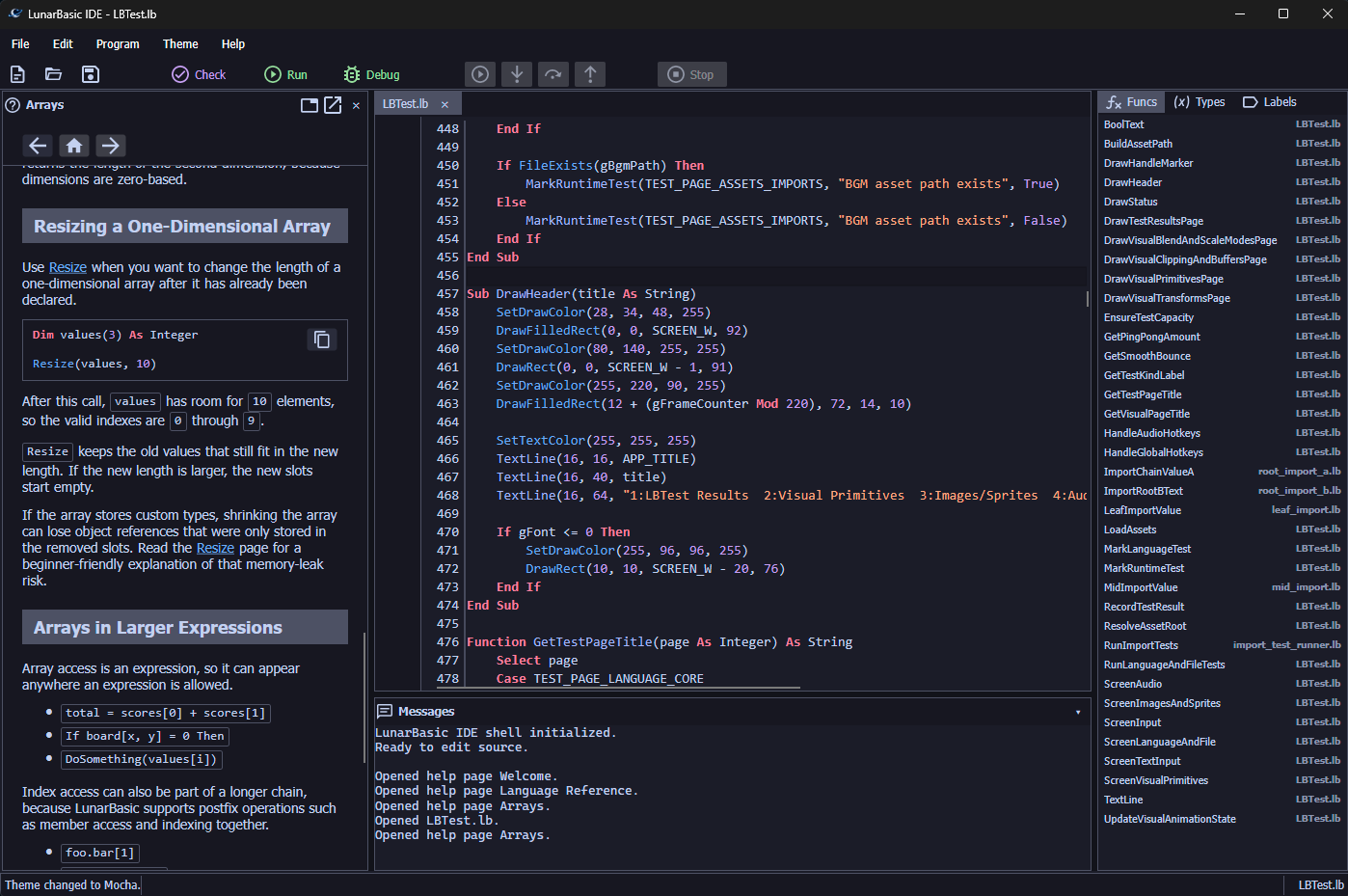 Docked help panel and dark color scheme